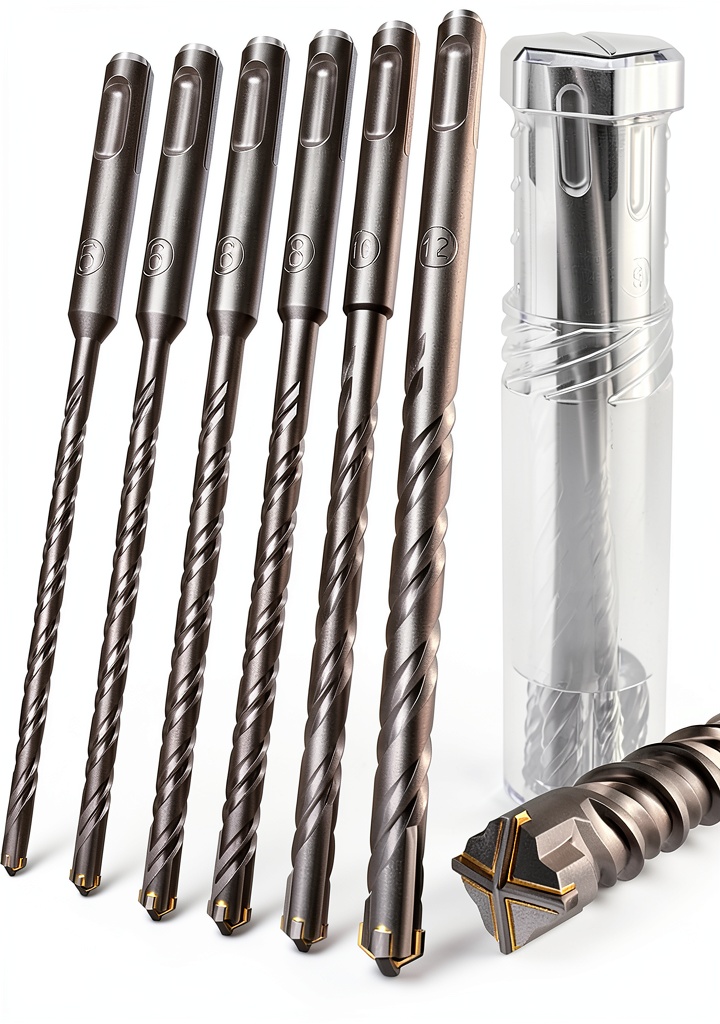 Installing SPProducts SDS Plus Masonry Drill Bits Carbide Cross Tip Set on a wooden desk