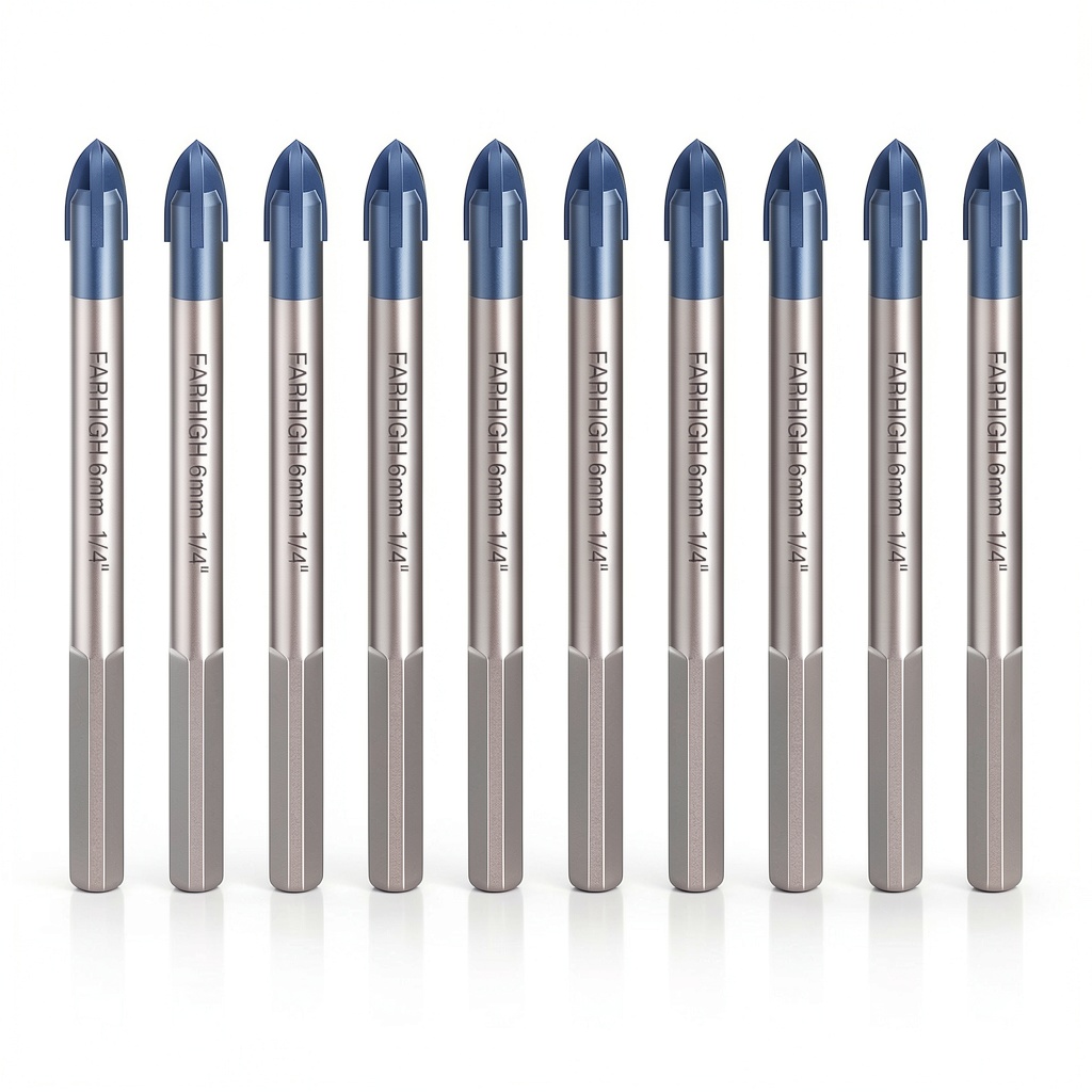Farhigh Cross Drill Bit Set displayed on a workbench with tile samples