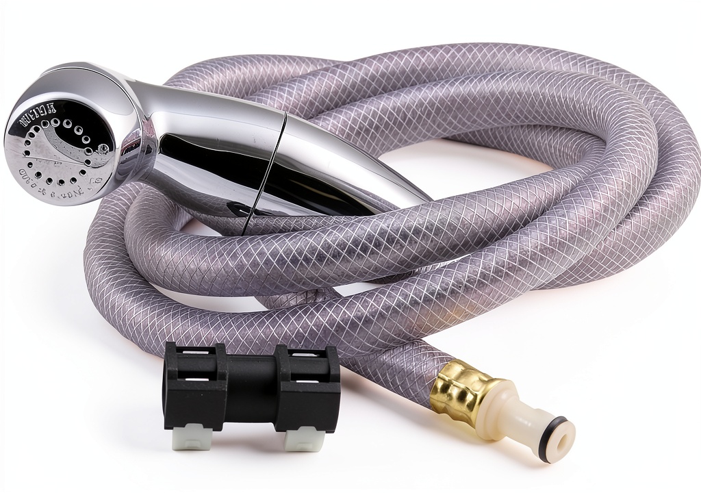 Moen chrome faucet spray hose installed under a kitchen sink